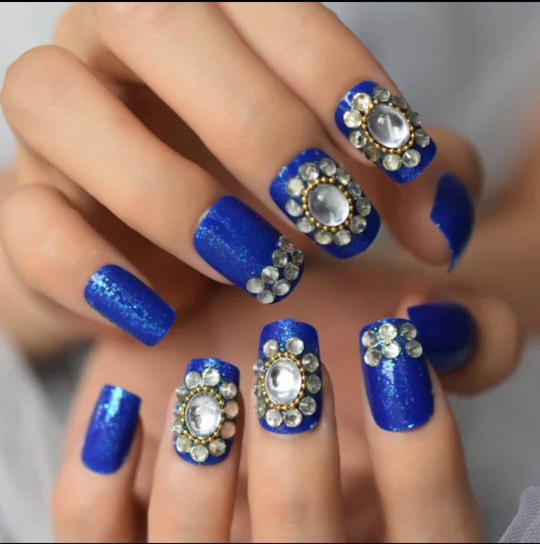 24 Blue Bling Press on nails kit Gems rhinestones square shimmer glue on