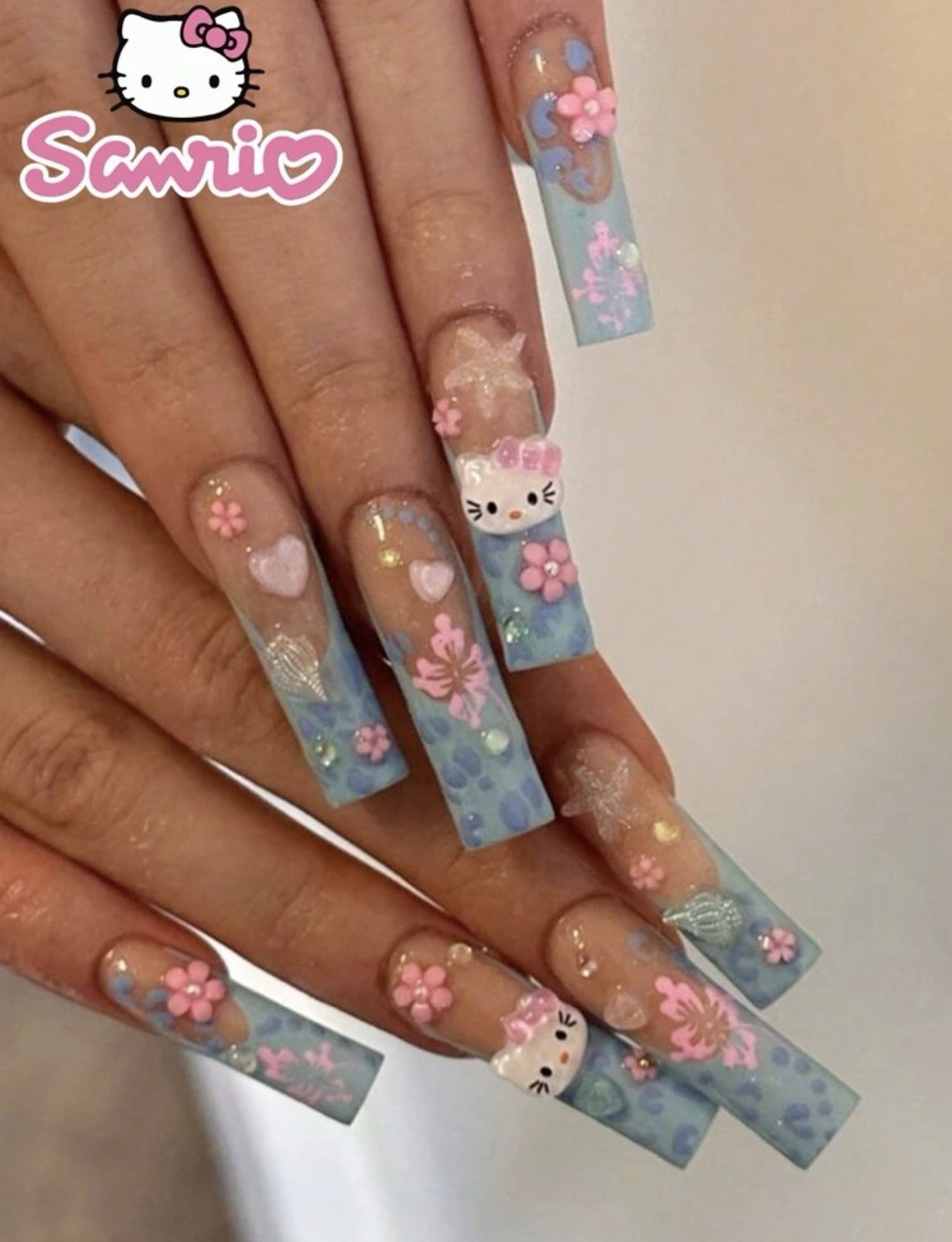 Sanrio 24pcs Hello Kitty Long Coffin Press-on Nails , Blue Leopard, French Style