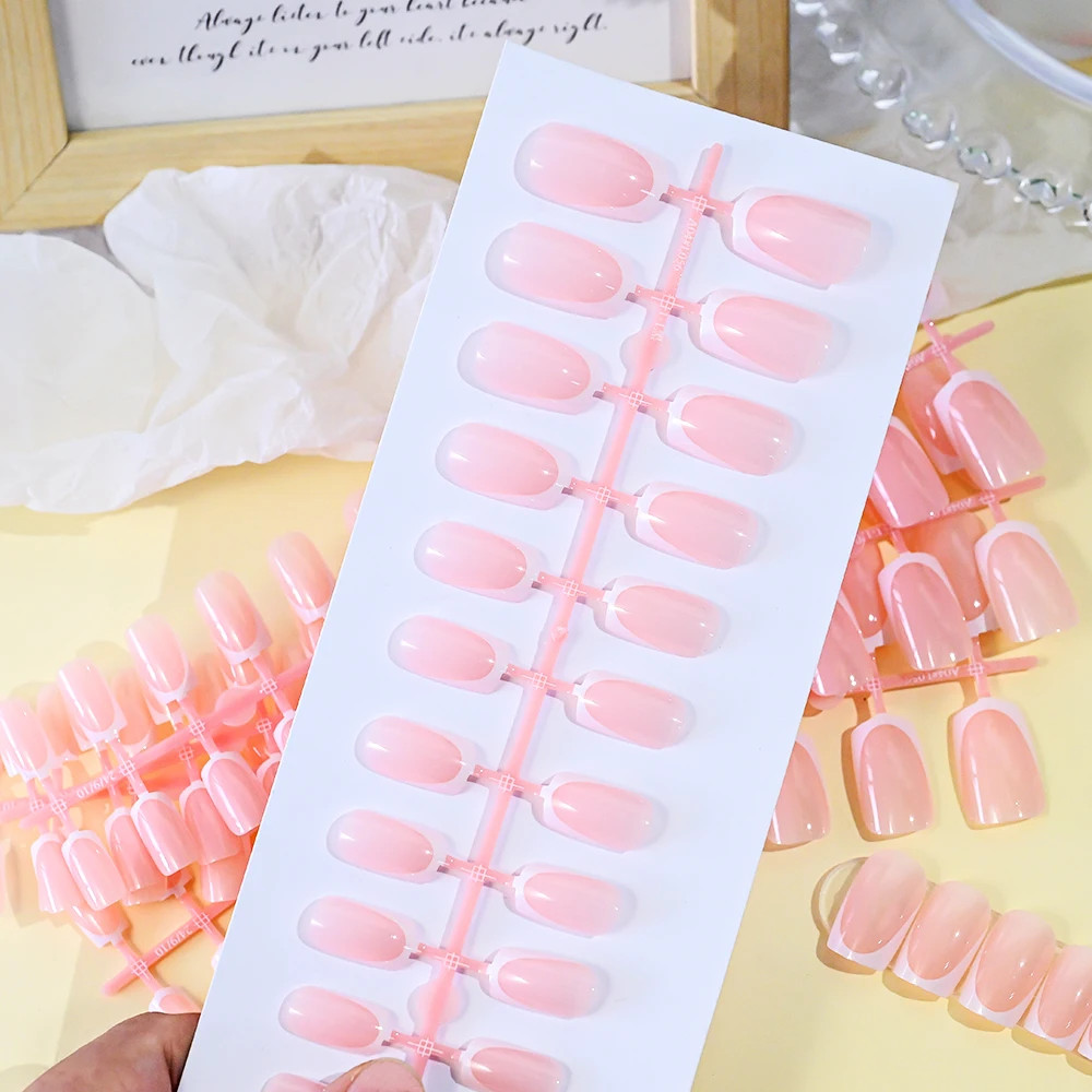 120Pcs Short Square Coffin French Fake Nails Glossy Pink Full Cover Press on