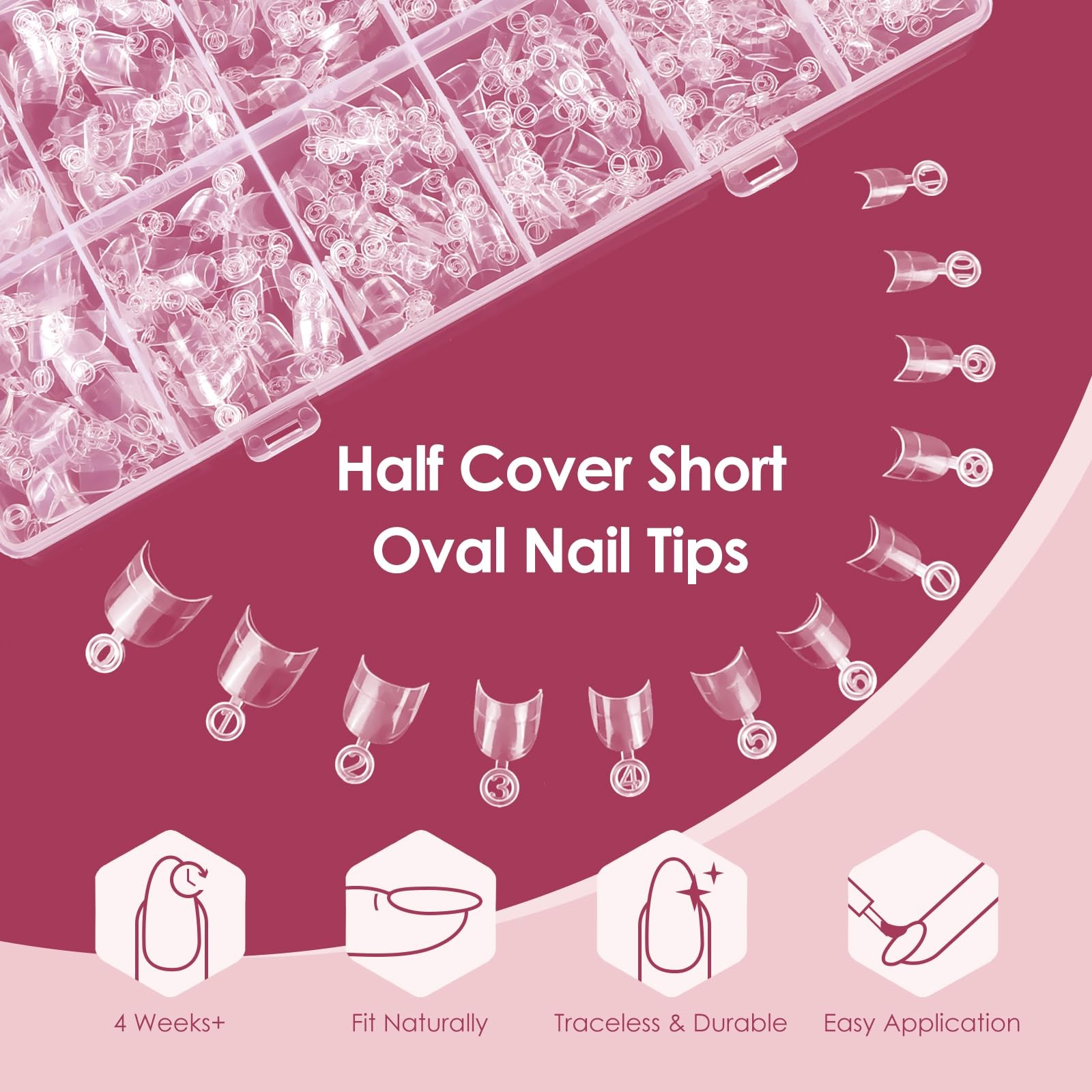 600PCS Clear Short Oval Round Nail Tips, Half Cover False Nails with Handles