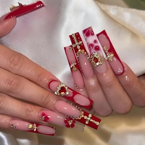 Press on Nails Long Square Fake Nails Red French Tip Acrylic Nails FNP01red