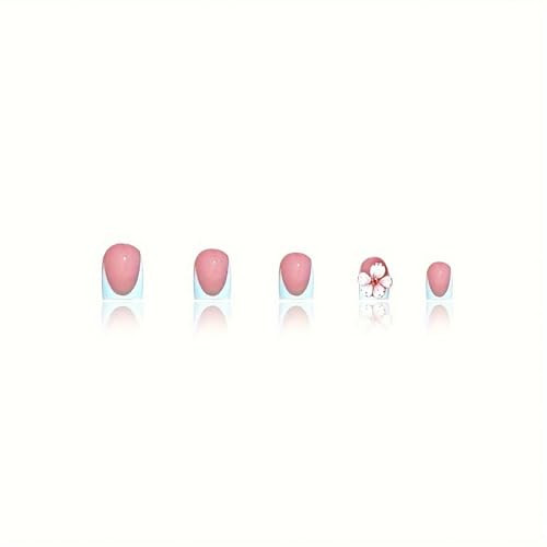 24 Pcs Floral Press on Nails Blue French Tip Fake Nails Extra Short Style 18