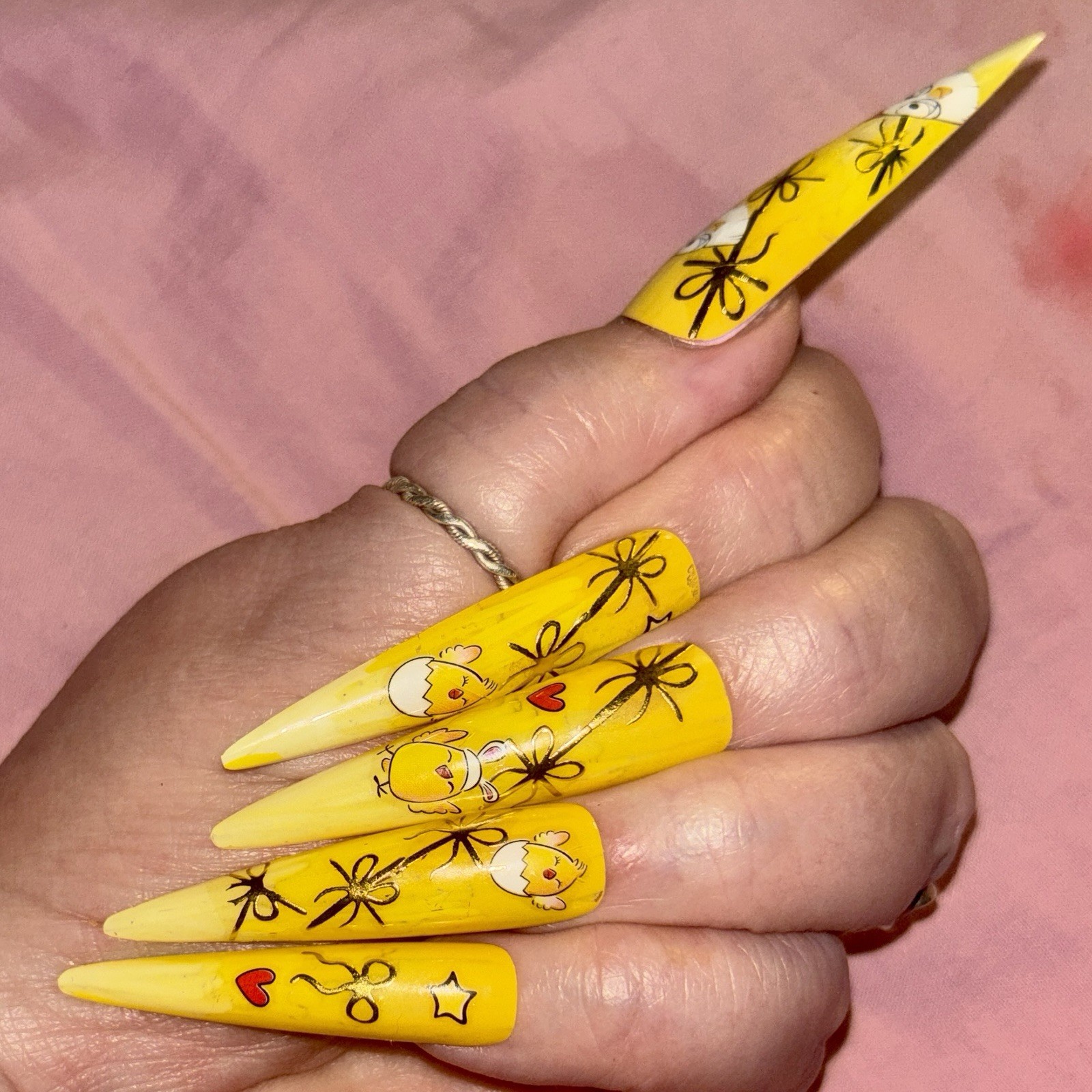 20 pc Cute Chicken Cartoon Design Extra Long Stiletto Press-On Nails Handmade