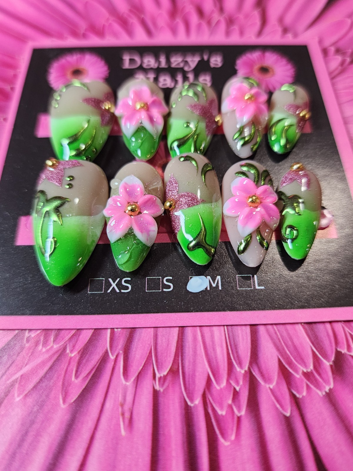 Medium Size Green 3D Pink Flower Press-on Nail Set Handmade Almond 2.5 Cm Length