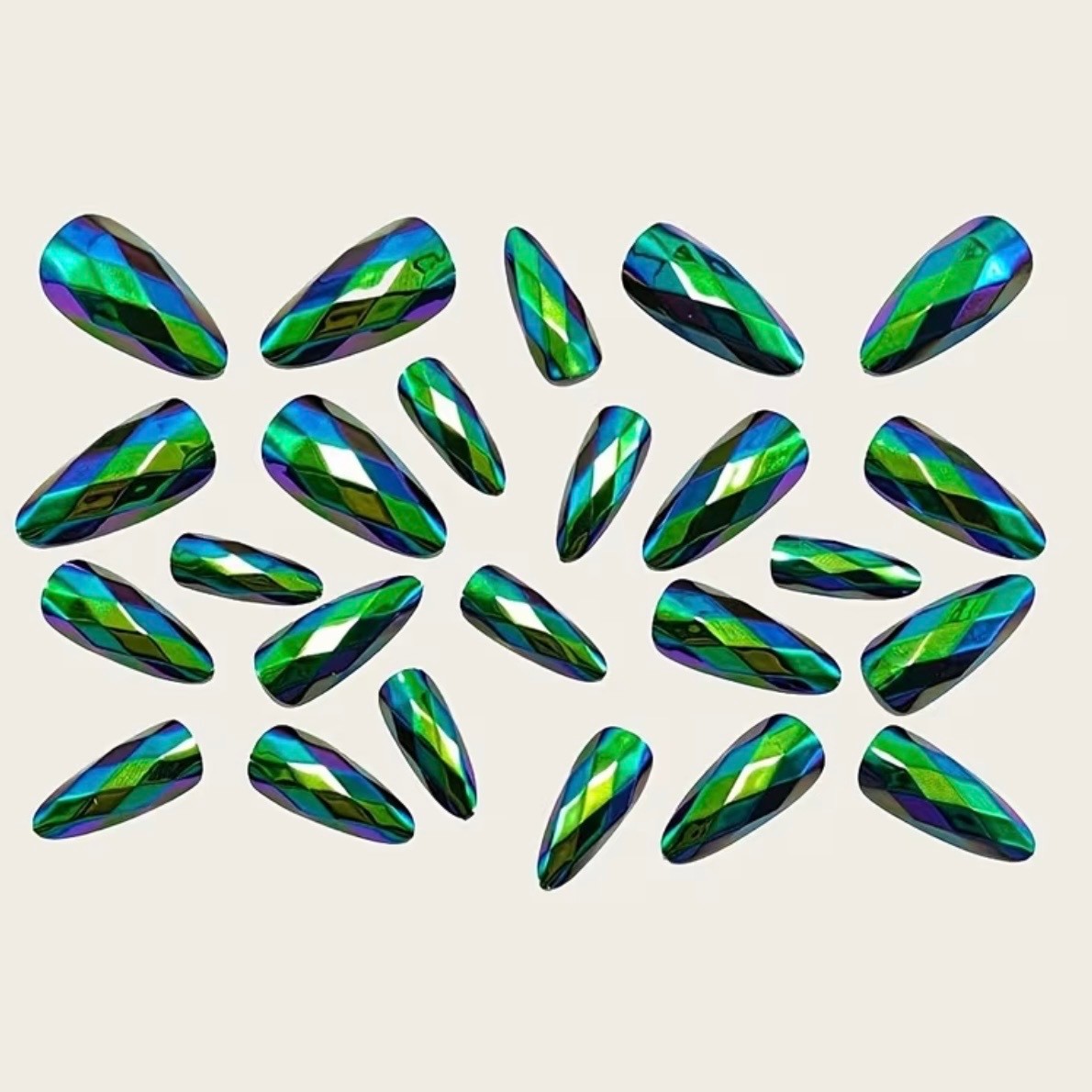 New! 24 3D Chrome Green & Purple Iridescent Long Length Almond Press on Nails