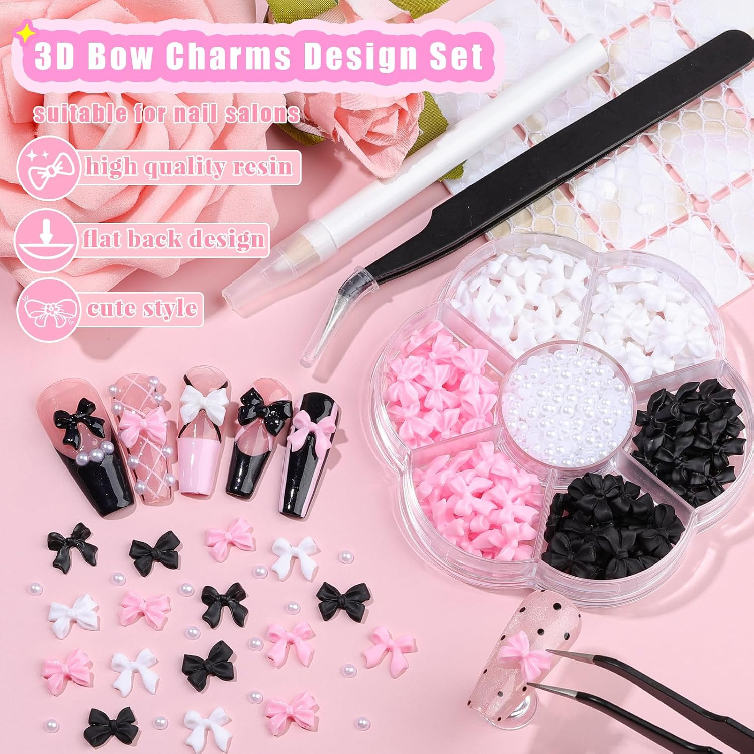 Charms Kit for Nails, 400Pcs Bow and Flatback Pearls Set, 3D Acrylic Rhinestones