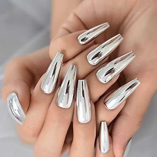 Silver Punk Metallic Press On False Nails Long Coffin Ballerina Chrome L5883-1