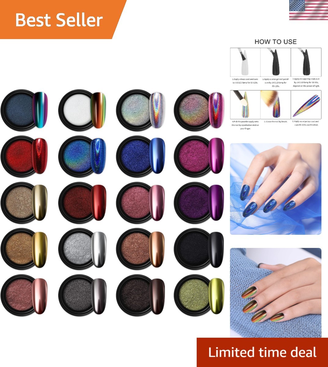 20 Jars Chrome Nail Powder Set Metallic Mirror Effect Holographic Aurora Cham…