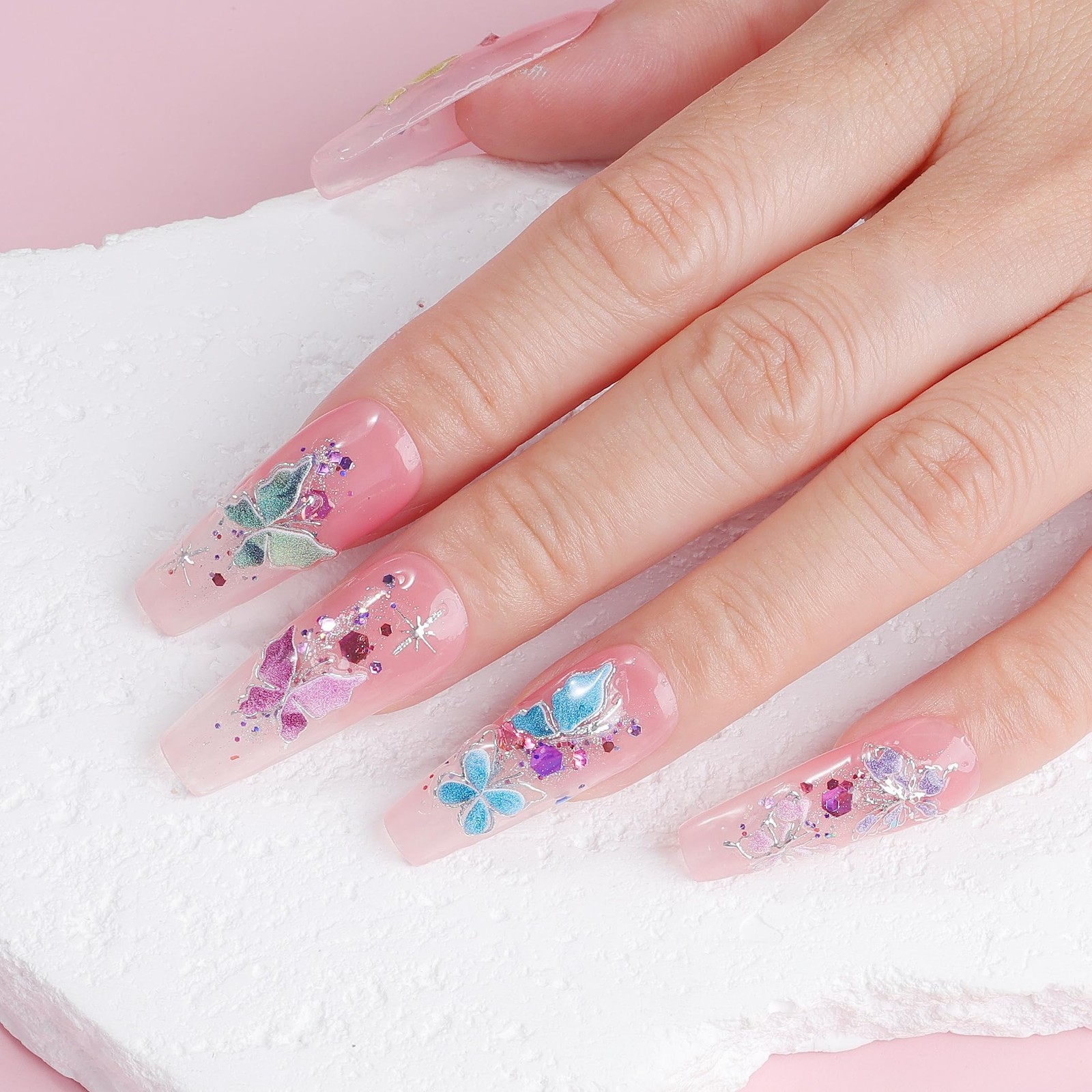 Umillars Butterfly Pink Purple 5D Embossed Nail Stickers 6 Sheets