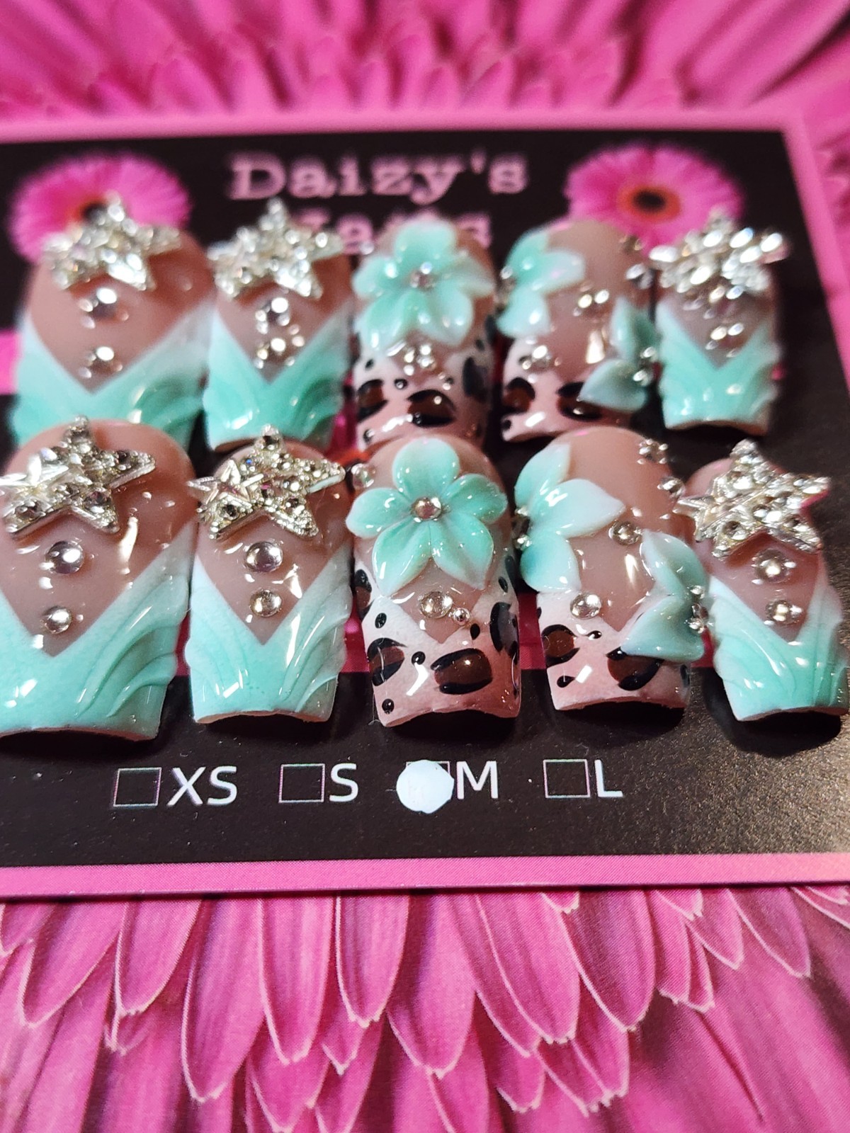 Medium Size Mint Green Star 3D Floral Nail Set Handmade Square 2.5 Cm Length