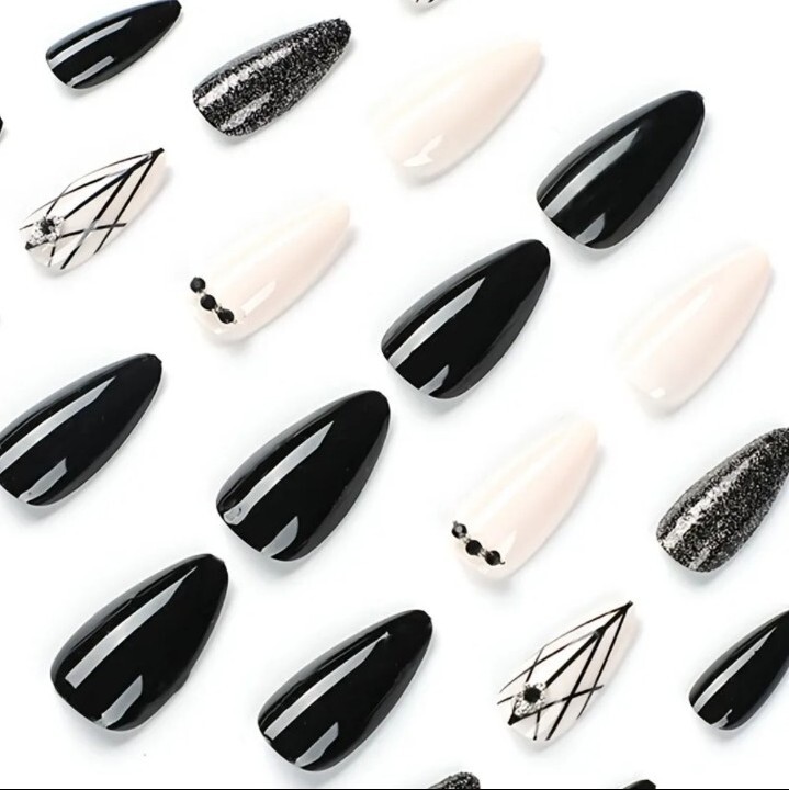 *Brand New* Black White Diamond Glitter Press On Fake Nails – Reusable!