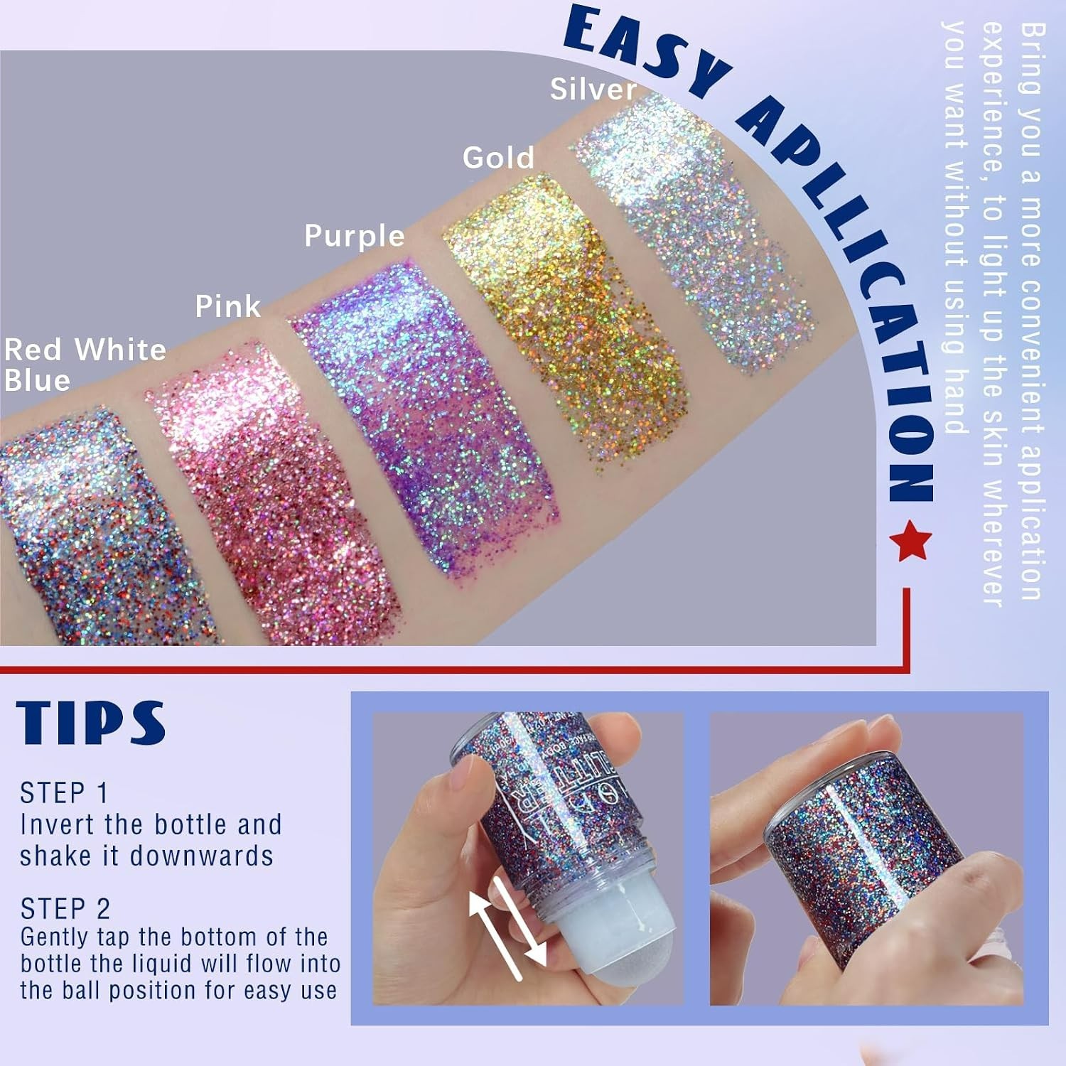 Patriotic Roll-On Body Glitter Gel – Red, White & Blue for Festive Makeup