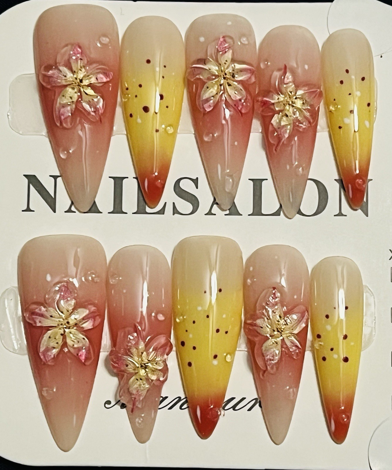 10 PCs Handmade Press On Nails Flower Long Almond Orange Pink Yellow Size L