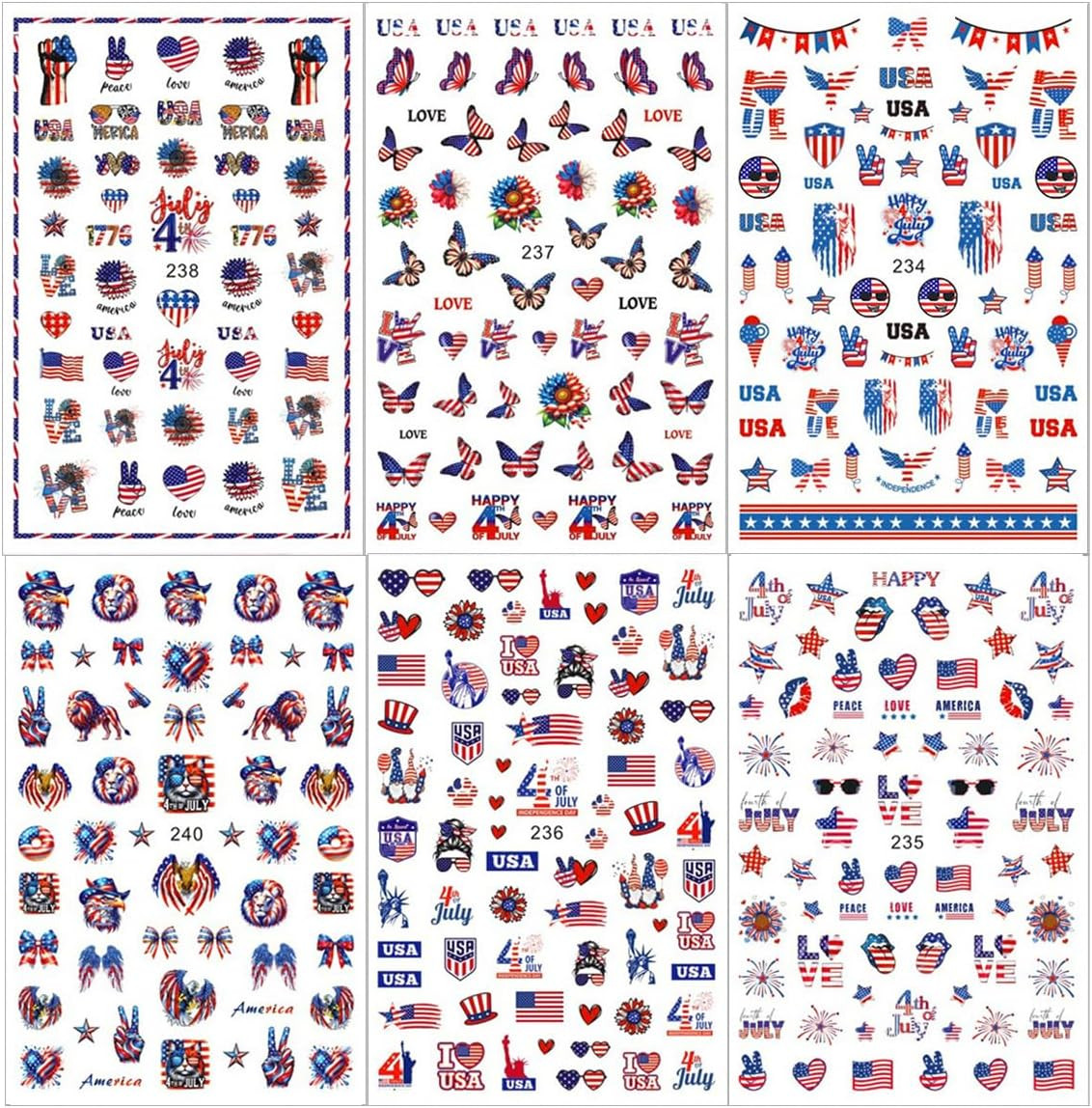 6Pcs 4Th of July Nail Art Stickers Decals Red Blue White Flag 3D Self-Adhesive N