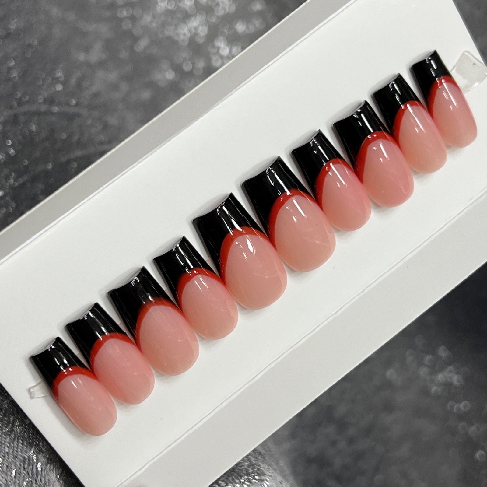 ❤️🖤 CUSTOM Press On Nails FRENCH BLACK RED BLING 10p SET W Kit