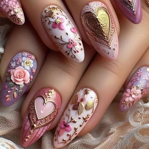 Gold Love Heart Press on Nails Almond Shaped Flower Rose Gold Love Heart Flower