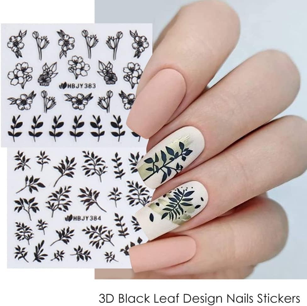 Black Flowers Nail Stickers, Floral Nail Art Decal 3D Self-Adhesive Lace Retr…