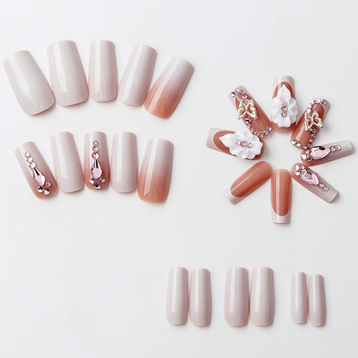 48 Pieces of Square Peach French White Border Relief Point Drill Fake Nail Art