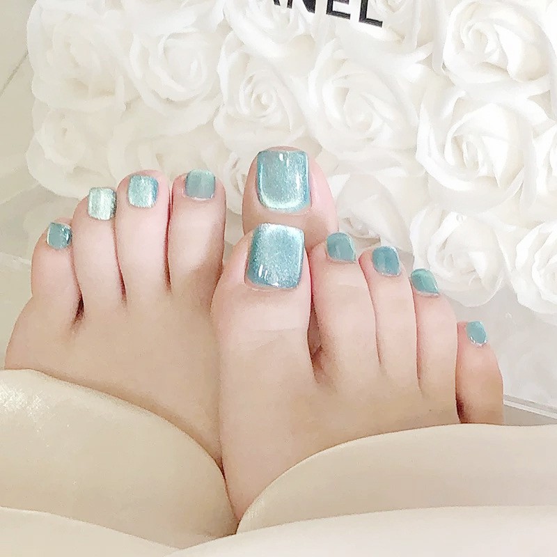 48Pcs-Short Square Lake Blue Solid Cat Eye Simple Toe Press on Nails