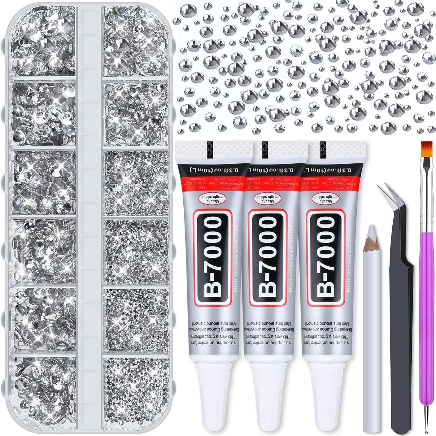 2100Pcs Crystal Glass Rhinestone with Tweezer Clear Glue For DIY Nail Art Fabric