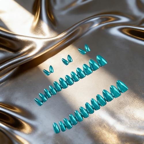 Acrylic Press on Nails Short Almond – Metallic Chrome Press On almond-teal