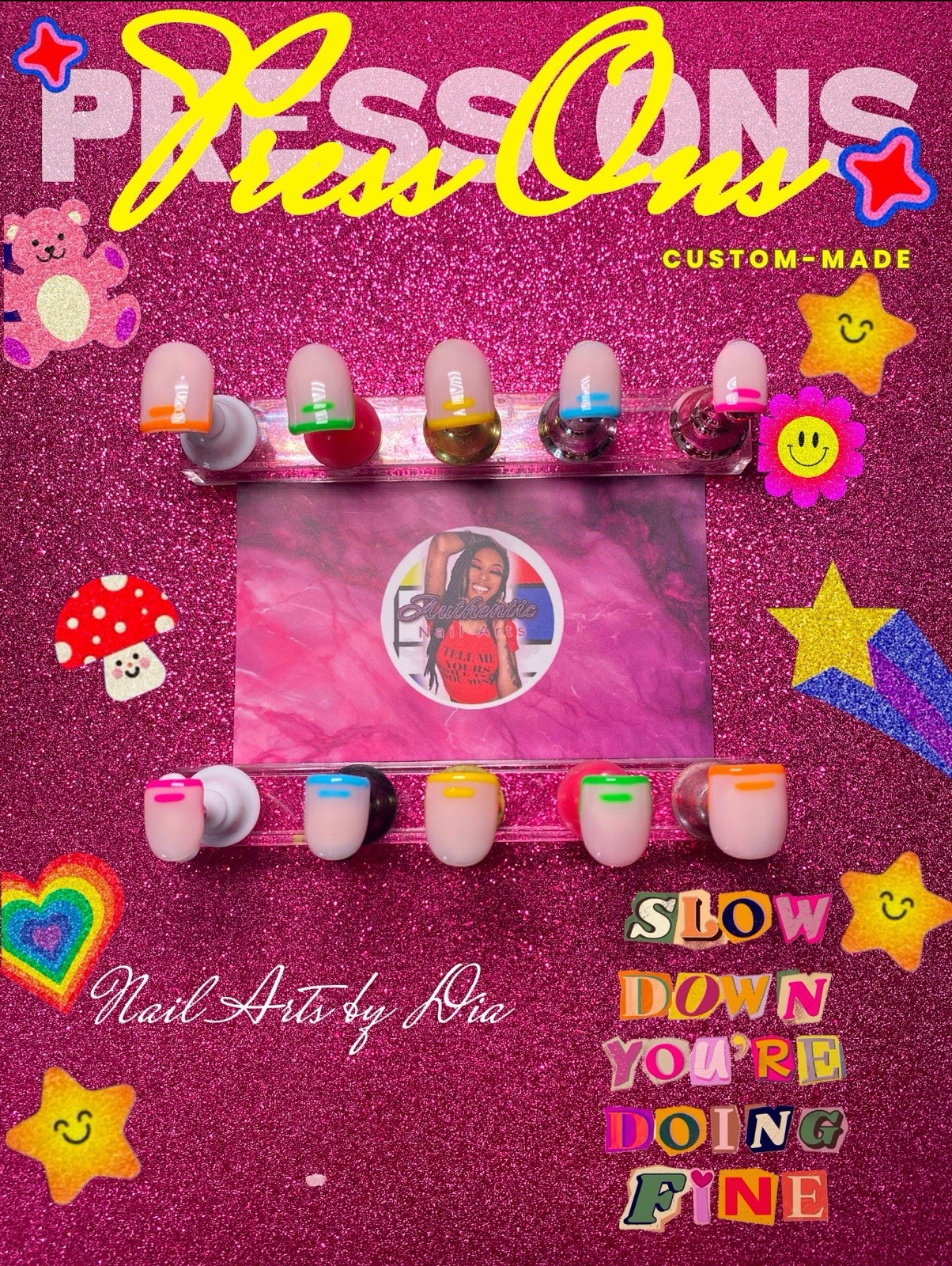 Square Press-On Nails Rainbow Shiny Multicolor Set