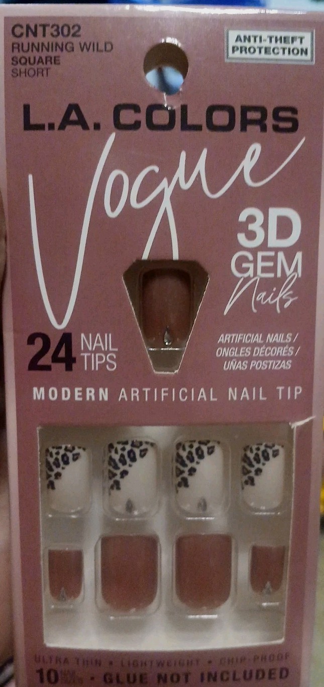 L.A. Colors Vogue 3D Gem 24 Glue On Fake Nails Short Square Tip Animal Print