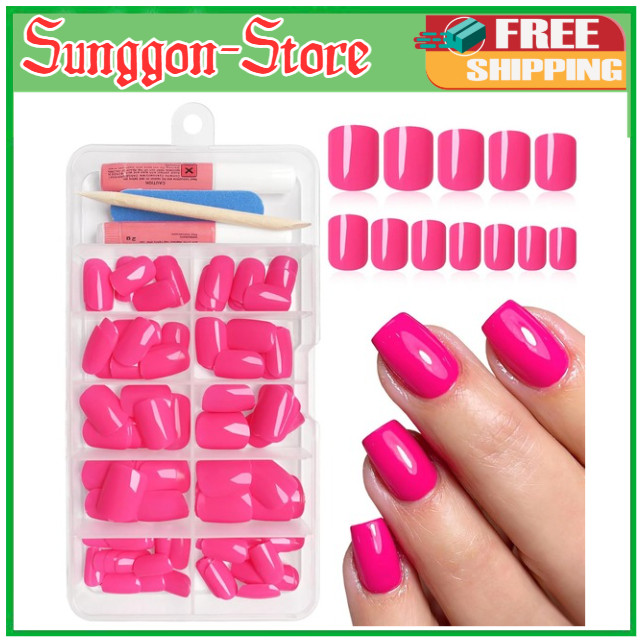 Square Press on Nails Short, 120Pcs Glossy Hot Pink Fake Nails Full Cover Acryli