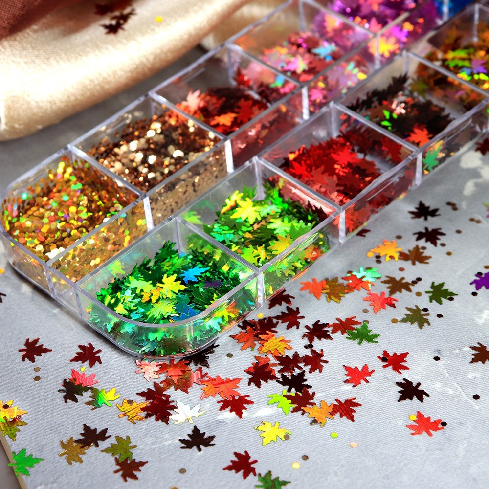 12 Grids Maple Leaf Nail Art Sequins Autumn Glitter Flakes Nails Decoration