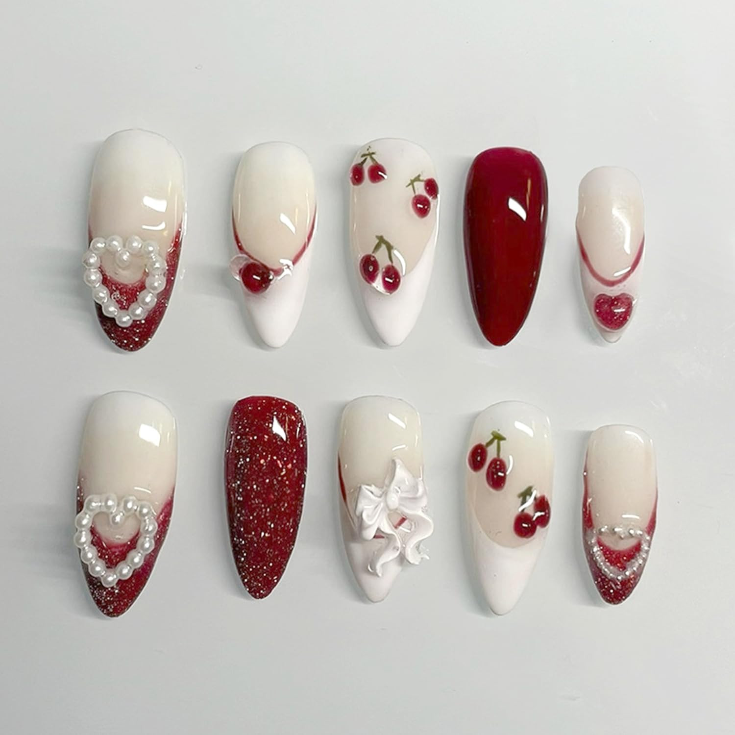 Medium Almond Press-On Nails with 3D Heart and Bow Charms, 24 Pcs
