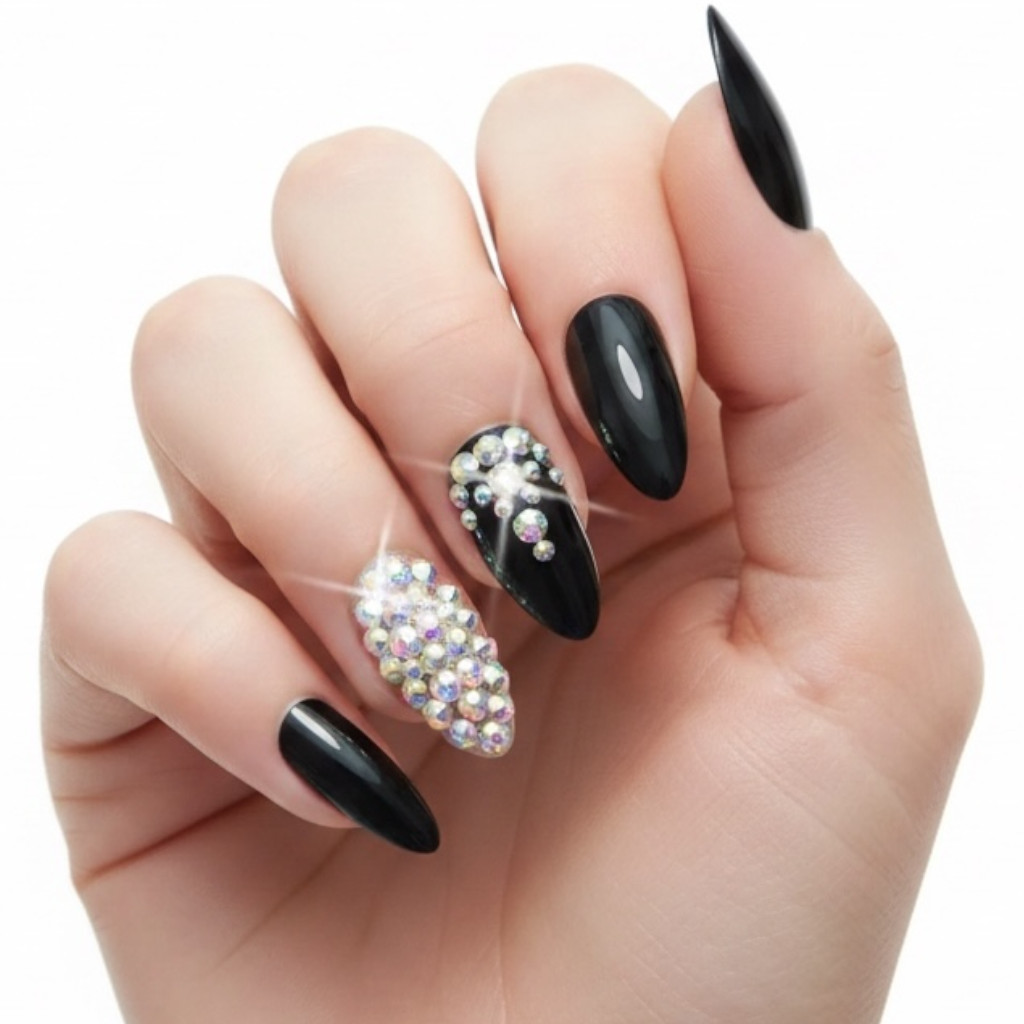 Black 3D Crystals Almond Stiletto Long Rhinestones False Tips Press On Nails Set