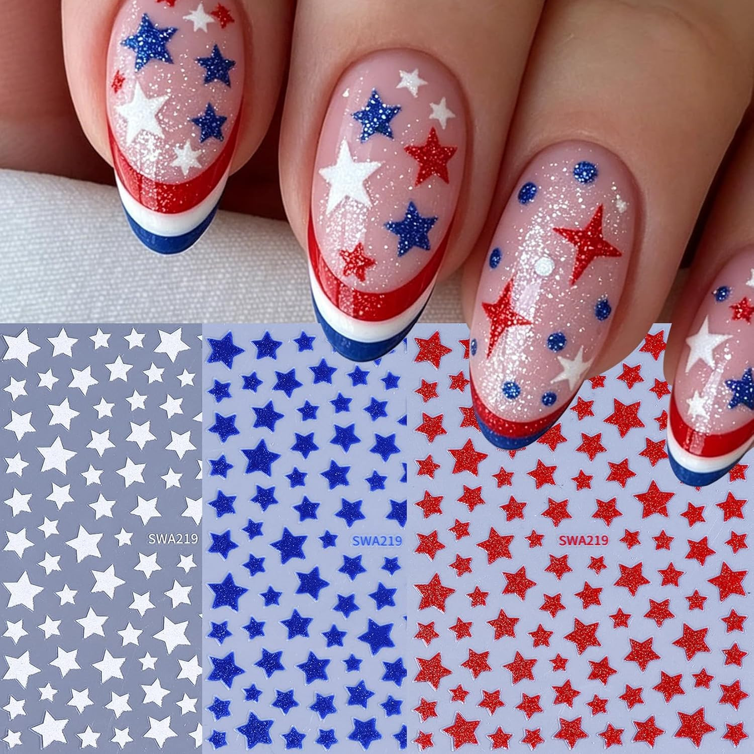 Independence Day Star Nail Art Stickers 12PCS Red White Blue Self Adhesive Nail