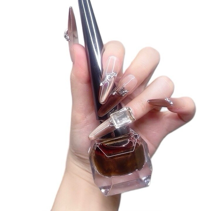 Press on Nails Long Oval Brown Color Square Rhinestone (085)