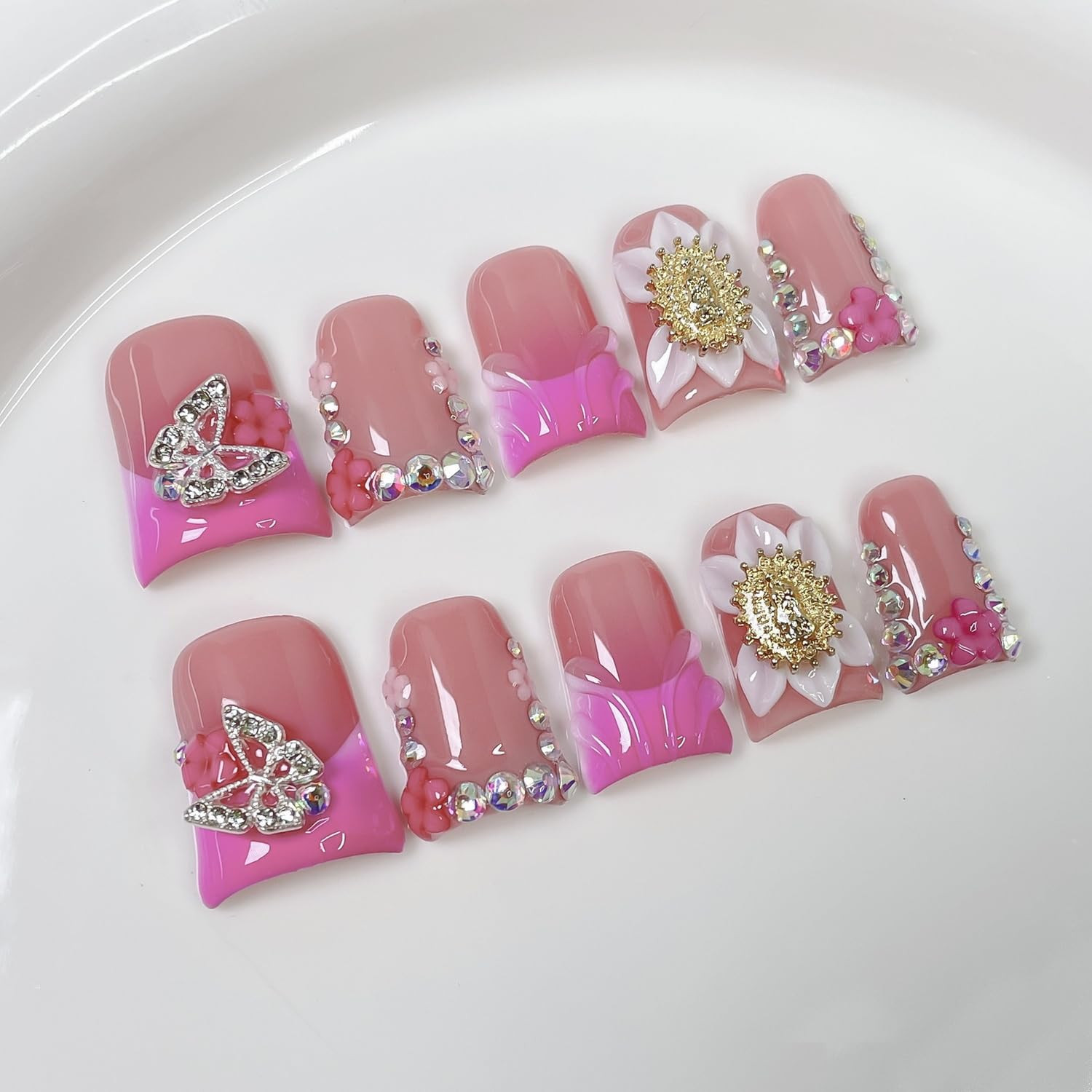 Luxury Handmade Press on Nails 3D Unique Flower Fake Nails Pink French Tip False