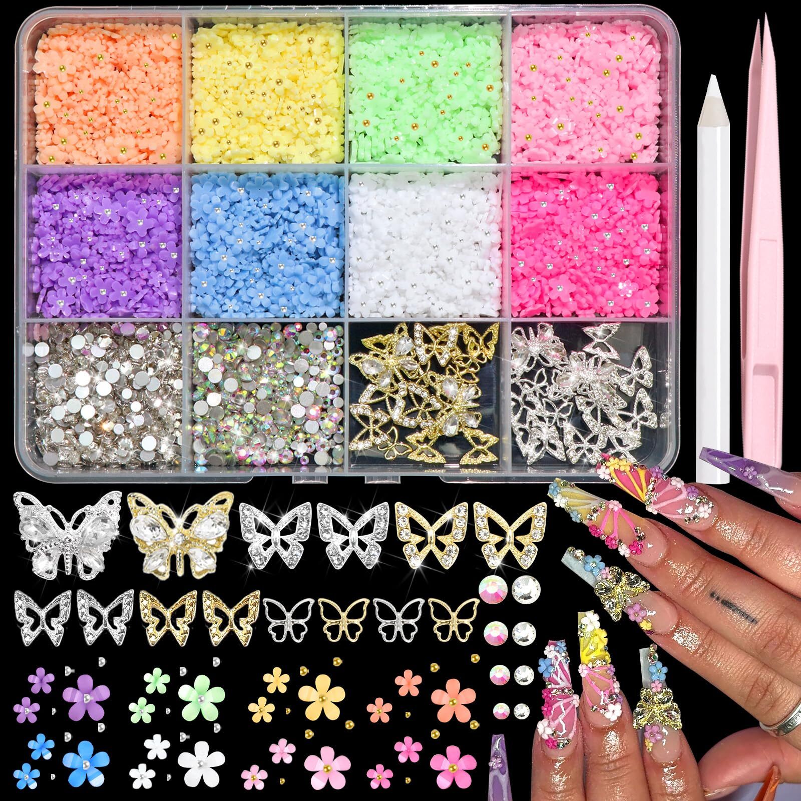 Flower Nail Charms Colorful 3D Flowers for Nails Metal Butterfly Nail Art Charms