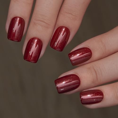 Short Square Burgundy Press-On Nails – Acrylic Full Cover, Reusable Nail Kit wit