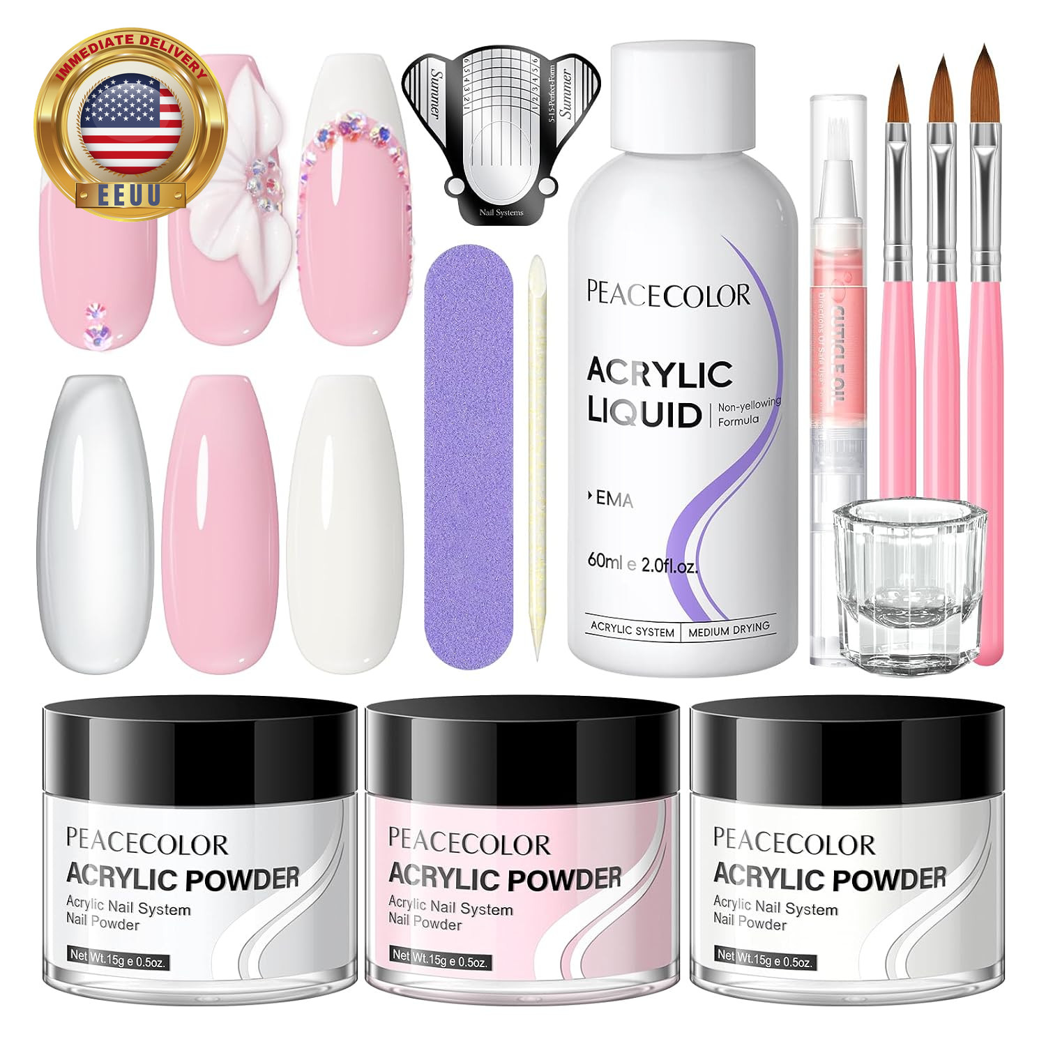 Acrylic Nail Kit ,Clear White Pink 15G Acrylic Powder and 60Ml Liquid Set Brush