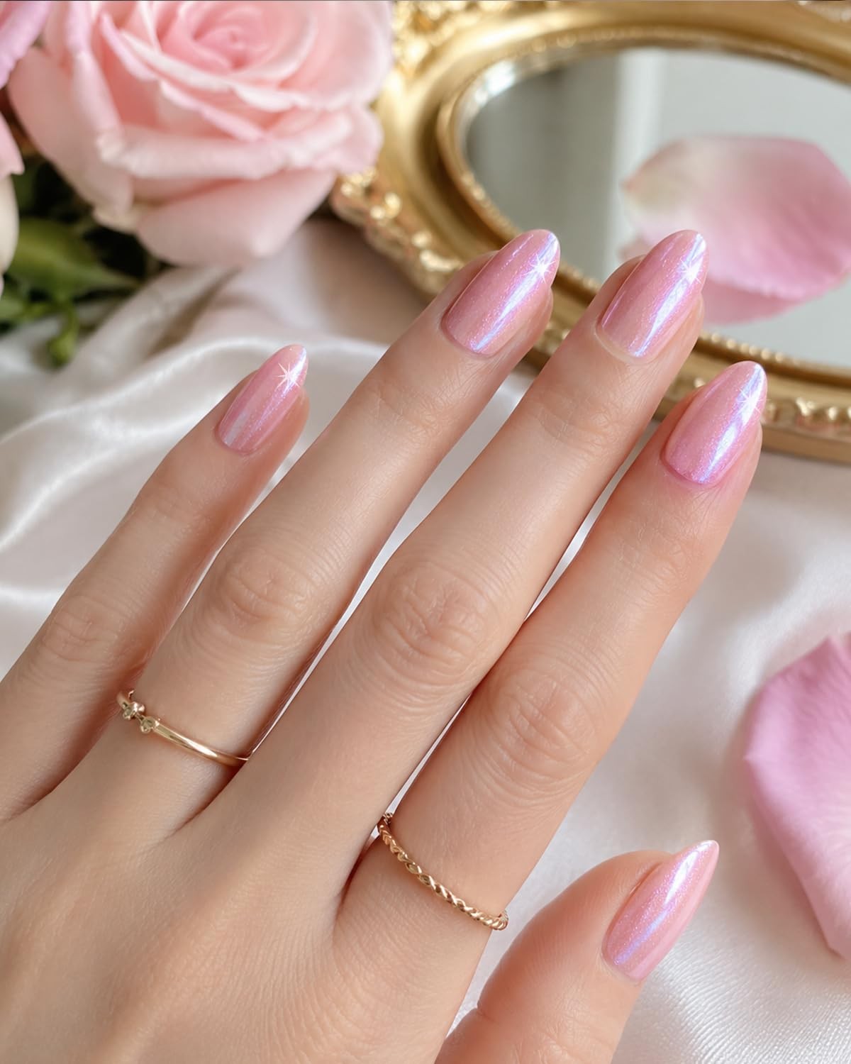 Skiennix Press On Nails-Short Almond Cat Eye Fake Nails | Shining Aurora Spar…