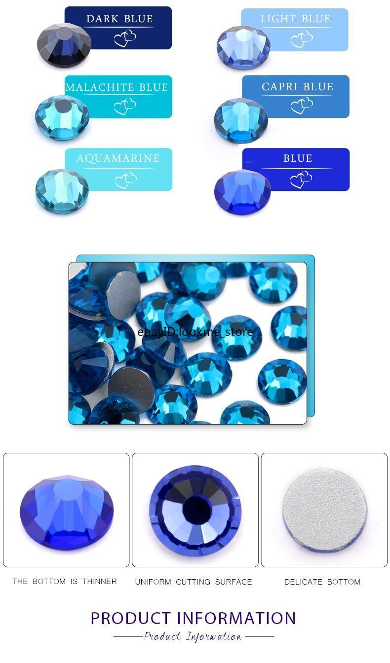 1440pcs Blue Glass Crystal Nail Art Rhinestones Flat Back Gems 3D Nail Tips Deco