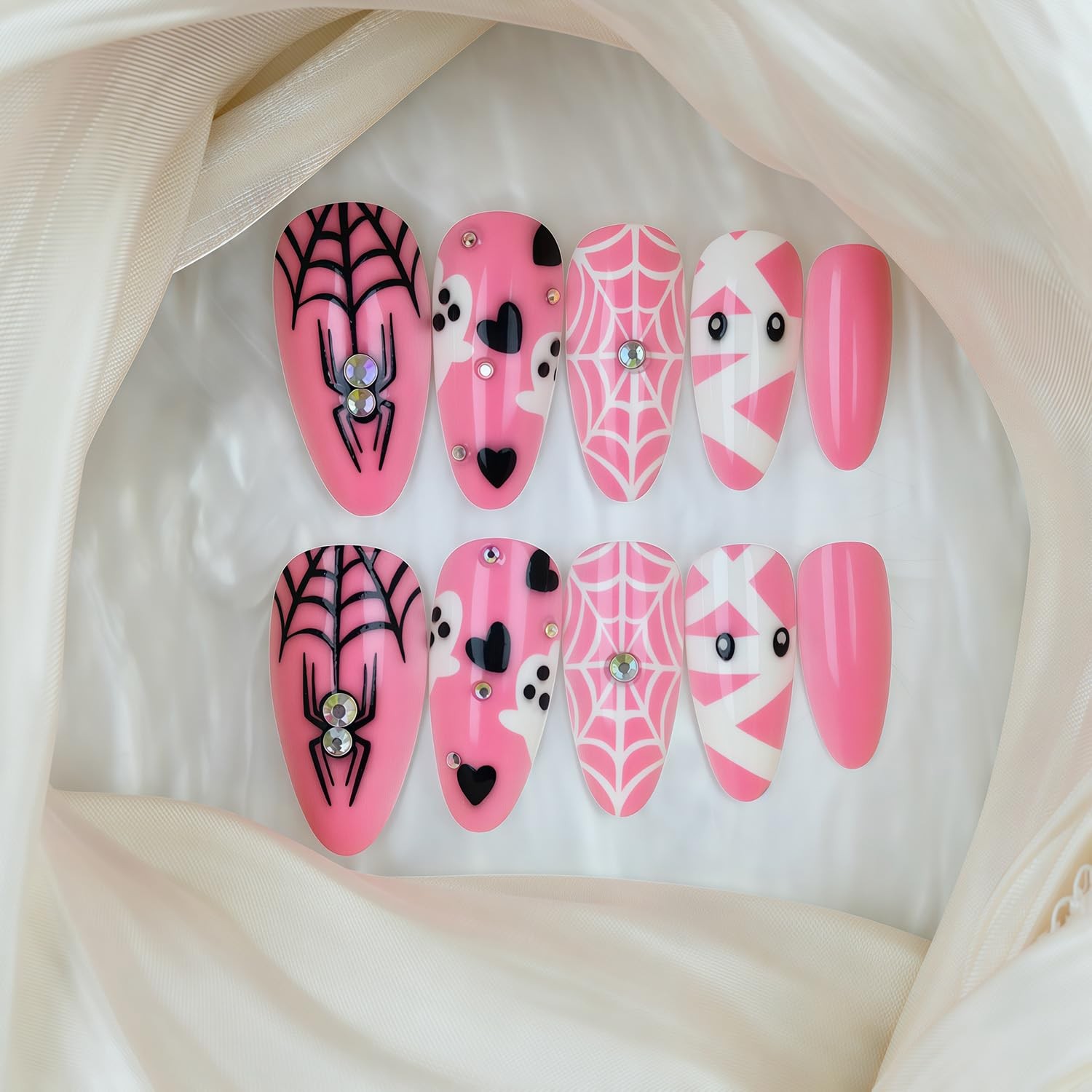 24Pcs Halloween Press on Nails Cute Ghost Fake 4in*3in*0.06ib, Multicolor