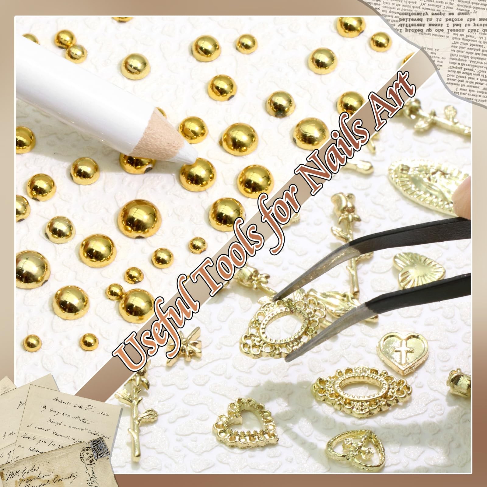 Gold Nail Charms 3D Cross Heart Charms Metal Alloy Half Round Pearls Chrome V…