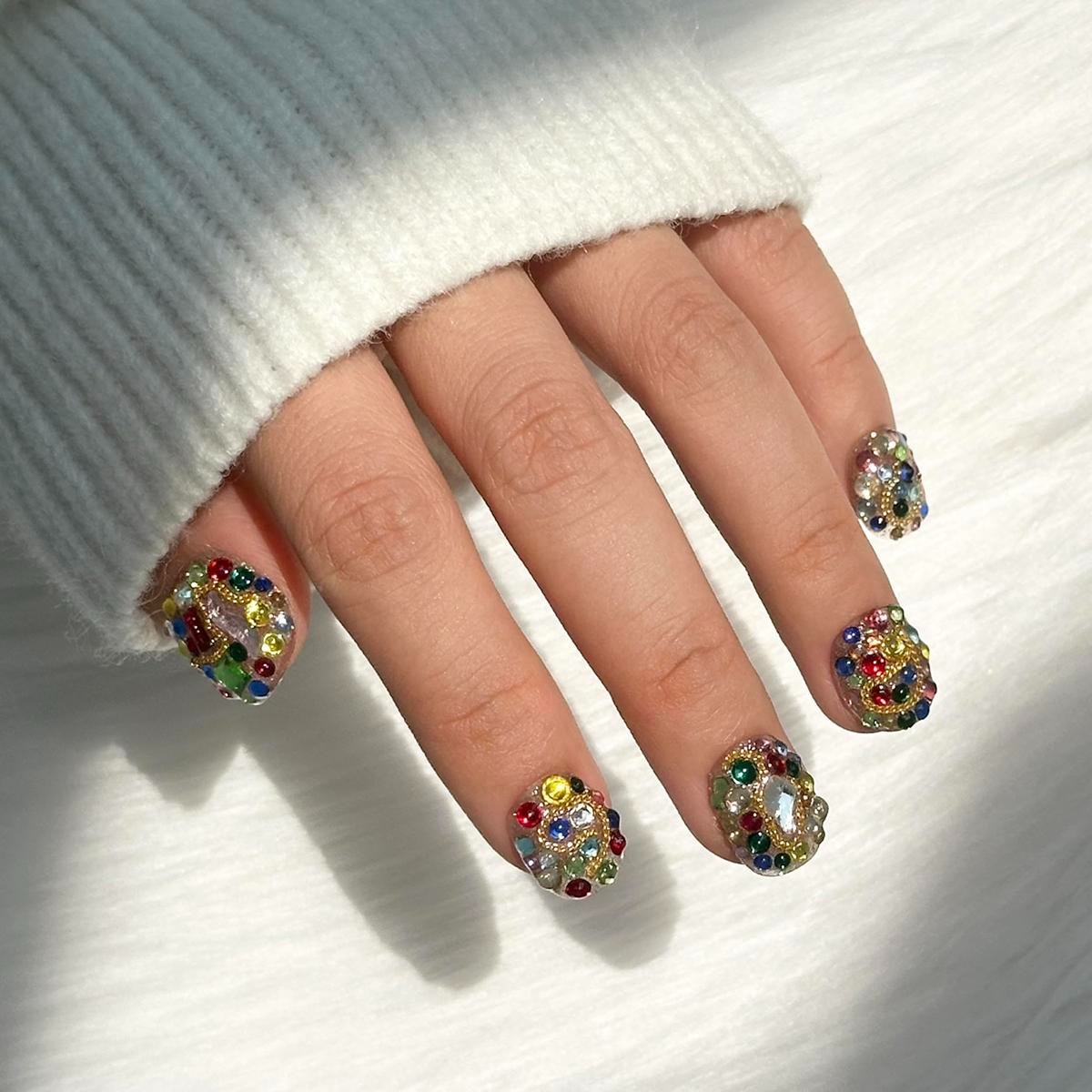 Handmade Colorful Full Stone Press On Nails Short Square Press on False Nails
