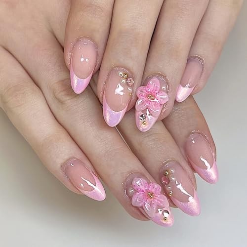 24Pcs French Tip Press on Nails with Charms 3D Pink French Pink Flower Style 6