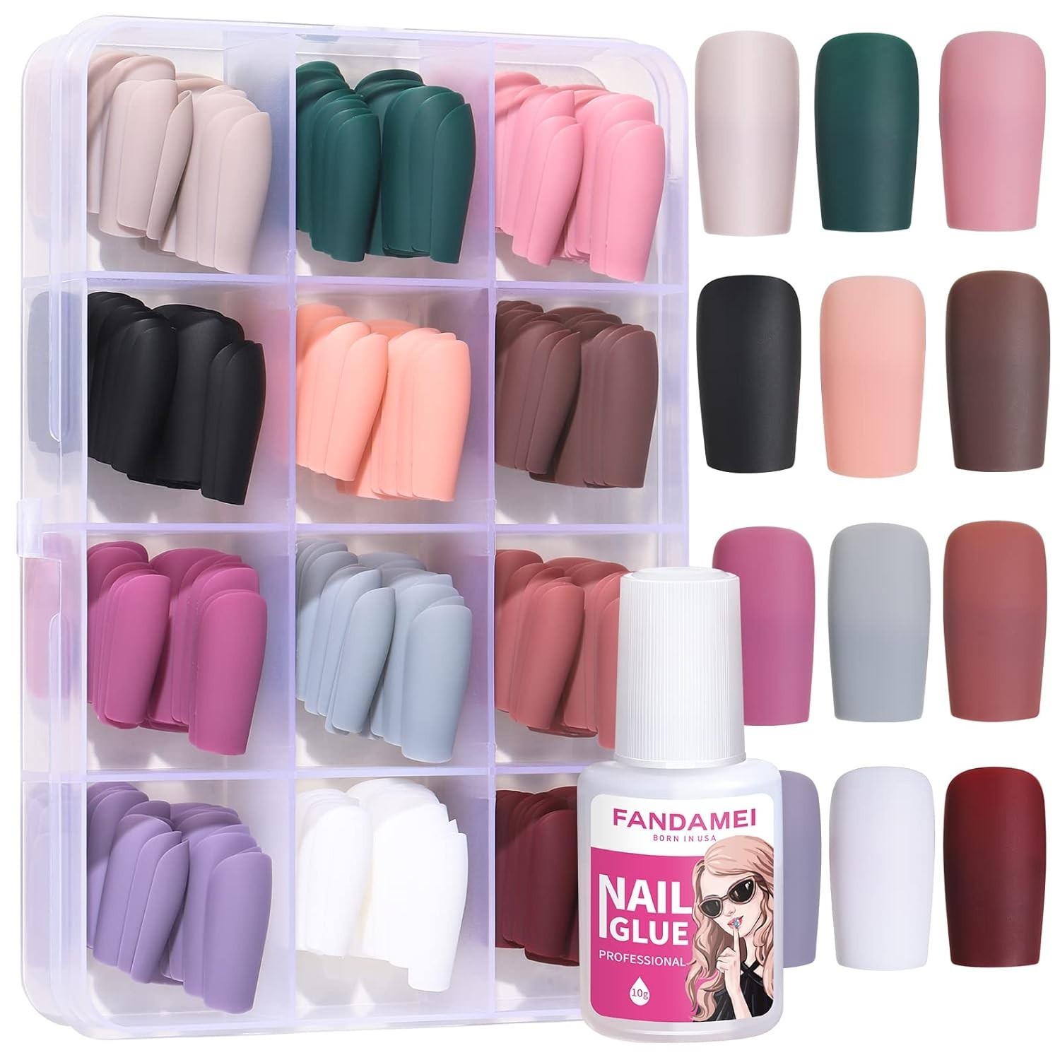 Press on Nails Medium Square, 12 Packs 288PCS Acrylic Matte Square Fake Nails…