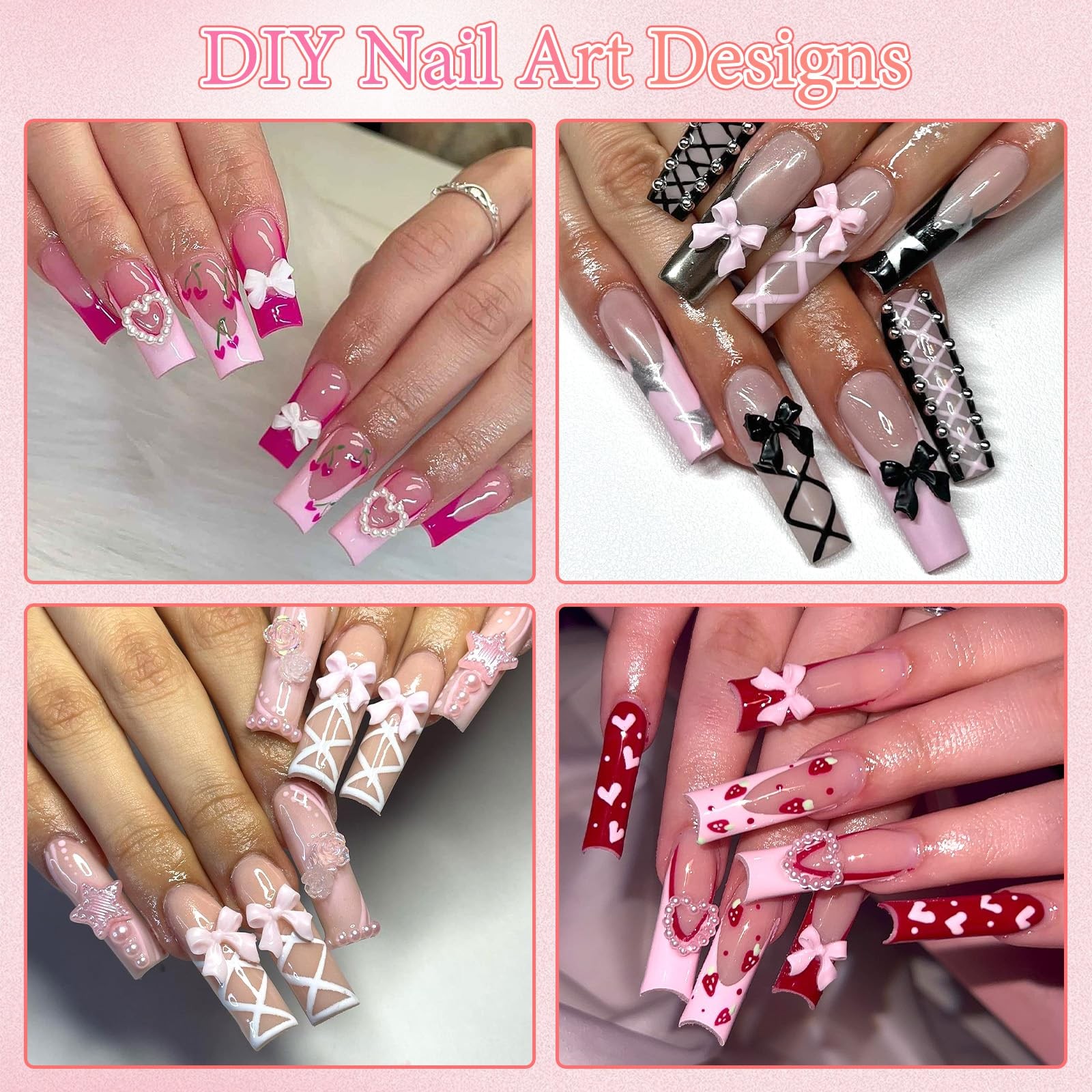 BELICEY 600Pcs 3D Nail Charms and Flatback Pearls Bows Flowers Hearts