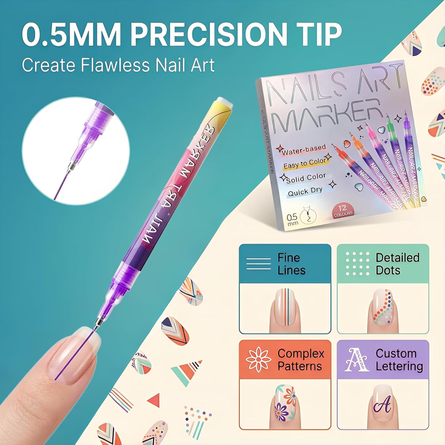 12 Color Nail Art Pens, 0.5Mm Micro Tip Nail Polish Markers, Quick Dry & Non-Tox