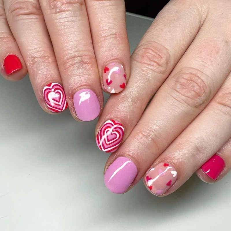 48 Pcs of Pink Purple Glossy Fake Nails with Red and White Heart-shaped Nail Art