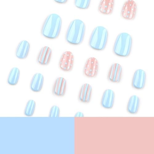 Pastel Blue Polka Dot Press on Nails Oval – Light Blue Short Fake Nails Style-1