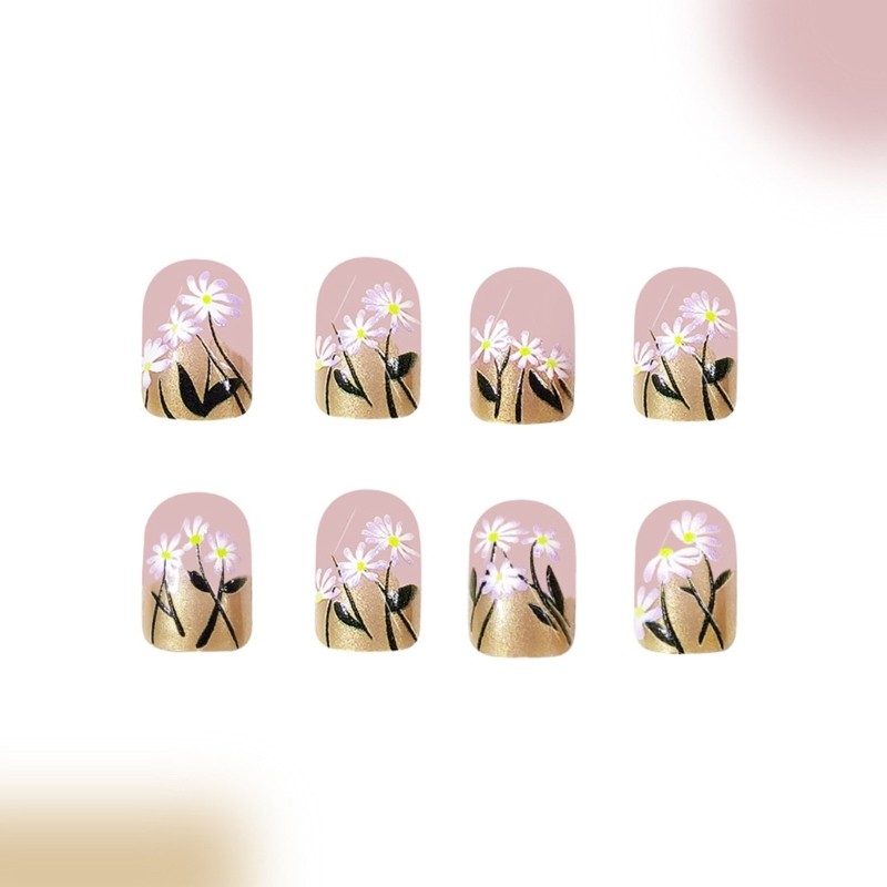 24 Pieces Short Square On Nail Flowers Full Cover Press on Nail For Girls