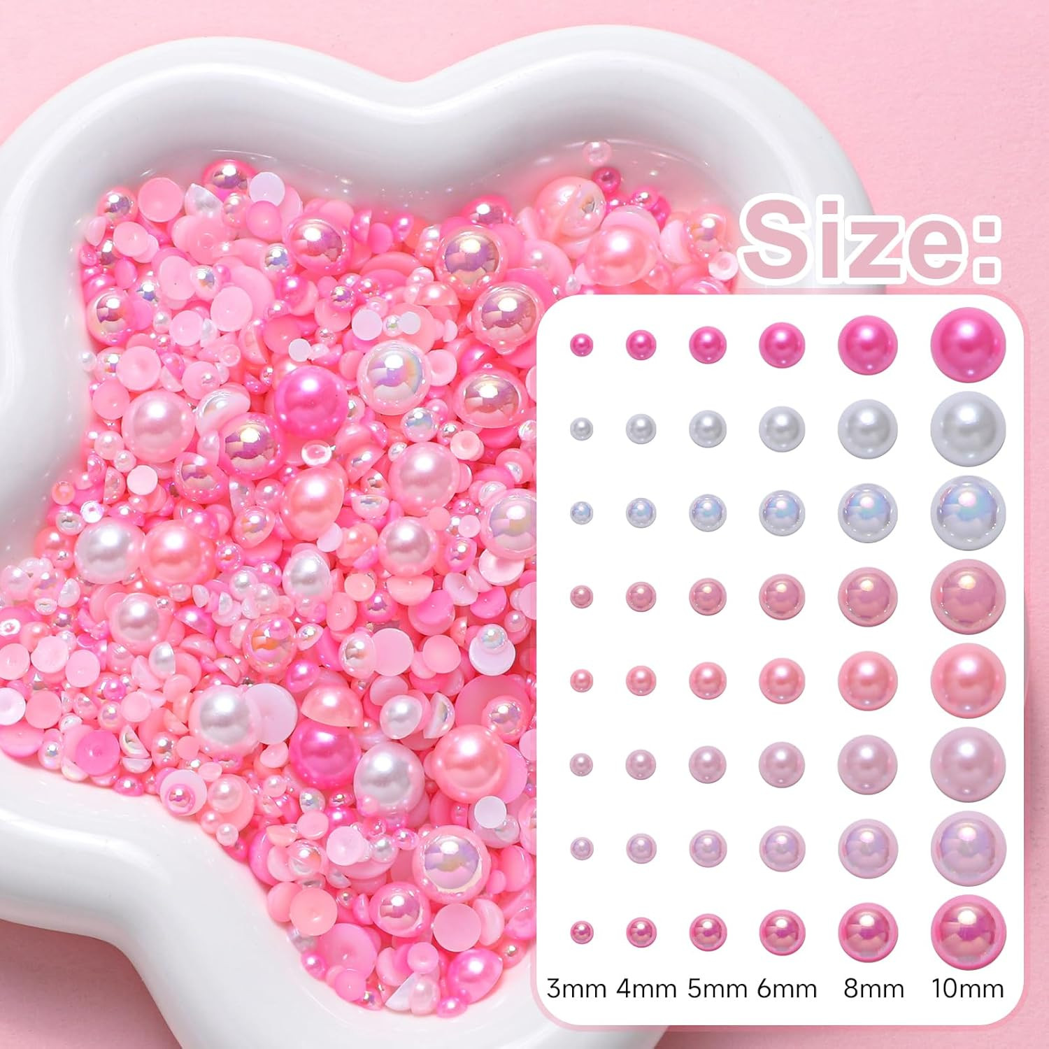 Flatback Pearls for Crafting, 60G Mixed Pink White Nail Half Pearls and Gems, 3/